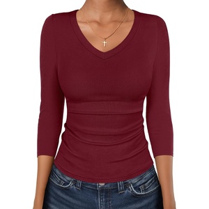 image:imageANRABESS Womens 34 Length Sleeve Ribbed Knit TopsampShirts V Neck Slim Fit Soft Medium Stretch Summer Casual Basic OutfitsDeep Red