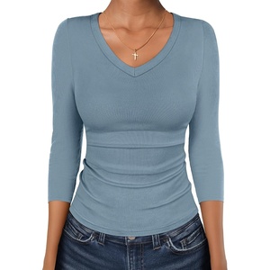 image:imageANRABESS Womens 34 Length Sleeve Ribbed Knit TopsampShirts V Neck Slim Fit Soft Medium Stretch Summer Casual Basic OutfitsGrey Blue