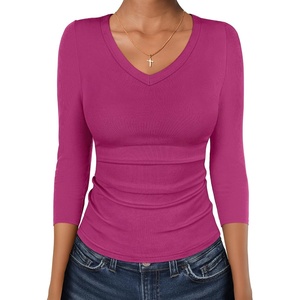 image:imageANRABESS Womens 34 Length Sleeve Ribbed Knit TopsampShirts V Neck Slim Fit Soft Medium Stretch Summer Casual Basic OutfitsHot Pink