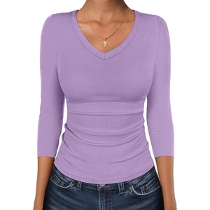 image:imageANRABESS Womens 34 Length Sleeve Ribbed Knit TopsampShirts V Neck Slim Fit Soft Medium Stretch Summer Casual Basic OutfitsLight Purple