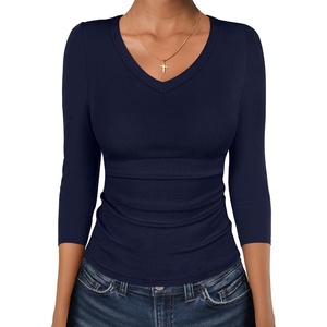image:imageANRABESS Womens 34 Length Sleeve Ribbed Knit TopsampShirts V Neck Slim Fit Soft Medium Stretch Summer Casual Basic OutfitsNavy Blue