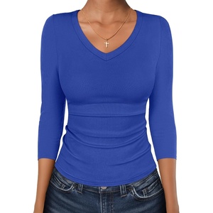 image:imageANRABESS Womens 34 Length Sleeve Ribbed Knit TopsampShirts V Neck Slim Fit Soft Medium Stretch Summer Casual Basic OutfitsRoyal Blue