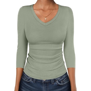 image:imageANRABESS Womens 34 Length Sleeve Ribbed Knit TopsampShirts V Neck Slim Fit Soft Medium Stretch Summer Casual Basic OutfitsSage Green