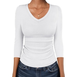 image:imageANRABESS Womens 34 Length Sleeve Ribbed Knit TopsampShirts V Neck Slim Fit Soft Medium Stretch Summer Casual Basic OutfitsWhite