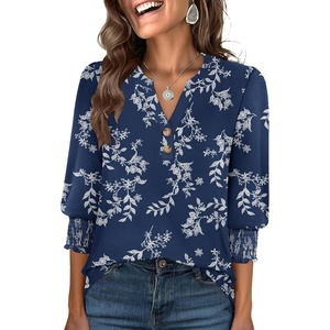 image:imageANRABESS Womens 34 Sleeve Henley Blouse Soft V Neck Top for Dressy Casual Work amp Business Office WearBlue White Floral