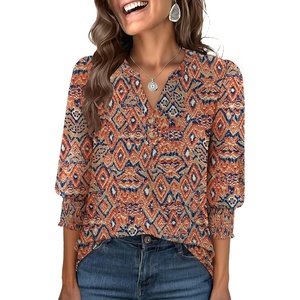 image:imageANRABESS Womens 34 Sleeve Henley Blouse Soft V Neck Top for Dressy Casual Work amp Business Office WearBohemian Orange