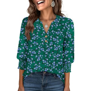 image:imageANRABESS Womens 34 Sleeve Henley Blouse Soft V Neck Top for Dressy Casual Work amp Business Office WearGreen Purple Floral