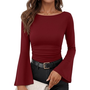 image:imageANRABESS Womens Bell Long Sleeve Boat Neck Crop Tops  Stretchy SoftRuched Slim Fitted ShirtsCute Stylish Y2K Street TeeGoing Out Travel AllDay WearFall FashionYoung GirlsRed