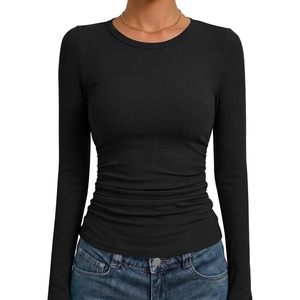image:imageANRABESS Womens Long Sleeve Ruched Tops  Crew Neck Slim Fitted Basic Tee Shirt Soft Ribbed Stretchy Layer Fall Winter Business Casual amp Work amp Travel Everyday WearBlack