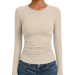 image:imageANRABESS Womens Long Sleeve Ruched Tops  Crew Neck Slim Fitted Basic Tee Shirt Soft Ribbed Stretchy Layer Fall Winter Business Casual amp Work amp Travel Everyday WearBeige