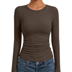 image:imageANRABESS Womens Long Sleeve Ruched Tops  Crew Neck Slim Fitted Basic Tee Shirt Soft Ribbed Stretchy Layer Fall Winter Business Casual amp Work amp Travel Everyday WearCoffee