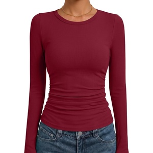 image:imageANRABESS Womens Long Sleeve Ruched Tops  Crew Neck Slim Fitted Basic Tee Shirt Soft Ribbed Stretchy Layer Fall Winter Business Casual amp Work amp Travel Everyday WearWine Red