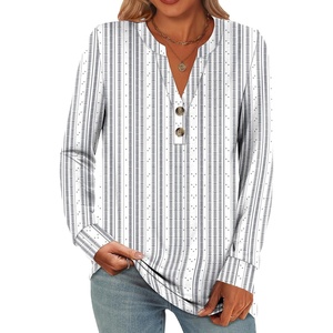 image:imageANRABESS Womens Long Sleeve Shirts 2026 Spring Fashion Dressy Casual Tops Trendy Henley Blouses Cute Work Outfits ClothesWhite Grey Strip