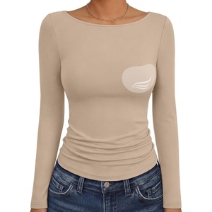 image:imageANRABESS Womens Long Sleeve Shirts Built in Bra Top  Slim Fit Crew Neck Basic Tee Soft Comfy Breathable Casual Wear Going Out Travel Daily Spring Fall Layer Trendy OutfitsLight Khaki