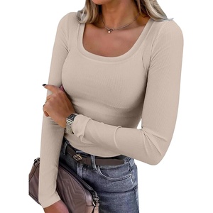 image:imageANRABESS Womens Long Sleeve Shirts Scoop Neck Ribbed Knit Slim Fitted Tops Casual Basic Tee 2026 Fall Fashion Outfits ClothesBeige