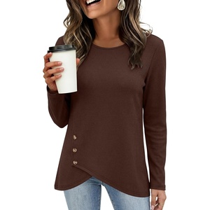 image:imageANRABESS Womens Long Sleeve Shirts Waffle Knit Tunic Top  Wrap Buttons SideSoft Lightweight SweaterCute with LeggingsFall Spring Outfits for Work Travel All Day WearBrown
