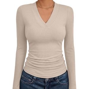 image:imageANRABESS Womens Long Sleeve V Neck Ribbed Knit Fitted Tops  Comfy Basic Tee Shirts Slim Fit Stretchy Soft Breathable Fabric Fall Winter Layer Casual Work Travel Vacation Daily WearBeige