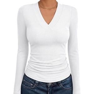 image:imageANRABESS Womens Long Sleeve V Neck Ribbed Knit Fitted Tops  Comfy Basic Tee Shirts Slim Fit Stretchy Soft Breathable Fabric Fall Winter Layer Casual Work Travel Vacation Daily WearWhite