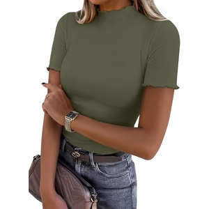 image:imageANRABESS Womens Mock Neck Tops Short Sleeve Fitted Tee Soft Comfy Ribbed Tshirts Summer Going Out Outfits for Dailyamp WorkArmy Green