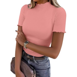 image:imageANRABESS Womens Mock Neck Tops Short Sleeve Fitted Tee Soft Comfy Ribbed Tshirts Summer Going Out Outfits for Dailyamp WorkCoral Pink