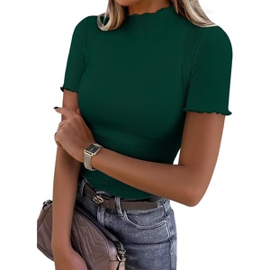 image:imageANRABESS Womens Mock Neck Tops Short Sleeve Fitted Tee Soft Comfy Ribbed Tshirts Summer Going Out Outfits for Dailyamp WorkDeep Green