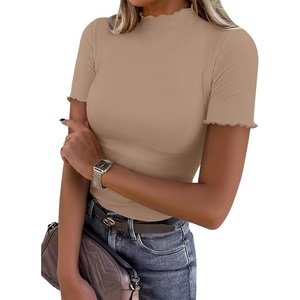 image:imageANRABESS Womens Mock Neck Tops Short Sleeve Fitted Tee Soft Comfy Ribbed Tshirts Summer Going Out Outfits for Dailyamp WorkKhaki