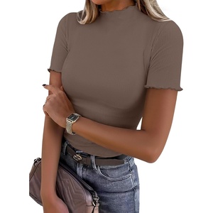 image:imageANRABESS Womens Mock Neck Tops Short Sleeve Fitted Tee Soft Comfy Ribbed Tshirts Summer Going Out Outfits for Dailyamp WorkLight Brown
