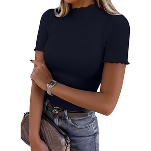 image:imageANRABESS Womens Mock Neck Tops Short Sleeve Fitted Tee Soft Comfy Ribbed Tshirts Summer Going Out Outfits for Dailyamp WorkNavy Blue