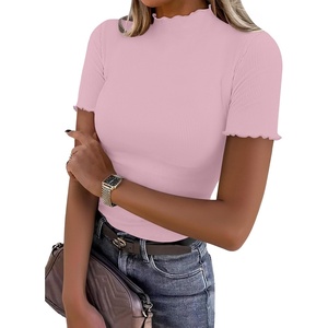 image:imageANRABESS Womens Mock Neck Tops Short Sleeve Fitted Tee Soft Comfy Ribbed Tshirts Summer Going Out Outfits for Dailyamp WorkPink