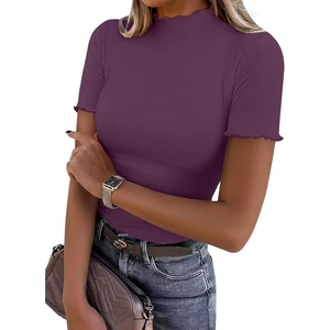 image:imageANRABESS Womens Mock Neck Tops Short Sleeve Fitted Tee Soft Comfy Ribbed Tshirts Summer Going Out Outfits for Dailyamp WorkPurple