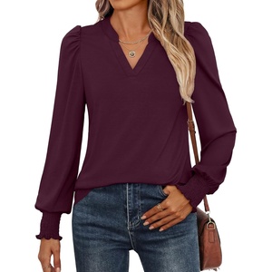 image:imageANRABESS Womens Puff Long Sleeve Shirts V Neck Loose TShirts Dressy Casual Work Blouses 2026 Fall Tops Trendy ClothesBurgundy