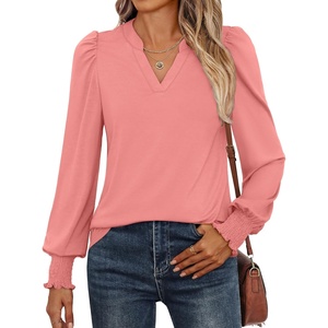 image:imageANRABESS Womens Puff Long Sleeve Shirts V Neck Loose TShirts Dressy Casual Work Blouses 2026 Fall Tops Trendy ClothesCoral Orange