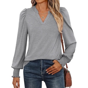 image:imageANRABESS Womens Puff Long Sleeve Shirts V Neck Loose TShirts Dressy Casual Work Blouses 2026 Fall Tops Trendy ClothesGrey