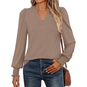 image:imageANRABESS Womens Puff Long Sleeve Shirts V Neck Loose TShirts Dressy Casual Work Blouses 2026 Fall Tops Trendy ClothesKhaki
