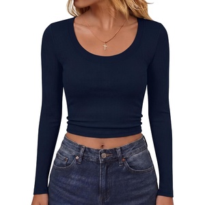 image:imageANRABESS Womens Scoop Neck Fitted Long Sleeve Crop Tops  Comfy Soft Stretch Ribbed T ShirtsSlimBasic Layering TeeCasual Daily Wear Work OutfitsSpring Fall Winter ClothesNavy Blue
