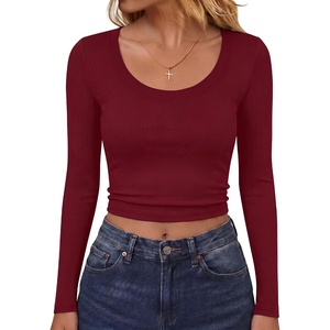 image:imageANRABESS Womens Scoop Neck Fitted Long Sleeve Crop Tops  Comfy Soft Stretch Ribbed T ShirtsSlimBasic Layering TeeCasual Daily Wear Work OutfitsSpring Fall Winter ClothesWine Red