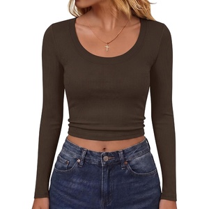 image:imageANRABESS Womens Scoop Neck Fitted Long Sleeve Crop Tops  Comfy Soft Stretch Ribbed T ShirtsSlimBasic Layering TeeCasual Daily Wear Work OutfitsSpring Fall Winter ClothesBrown