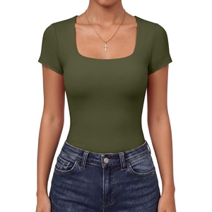 image:imageANRABESS Womens Short Sleeve Double Lined Tops Built in Bra  Square Neck CroppedSlim Fitted Basic Tee Shirts Soft Stretchy Breathable for SummerGoing Out Work Everyday WearArmy Green