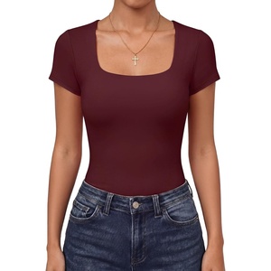 image:imageANRABESS Womens Short Sleeve Double Lined Tops Built in Bra  Square Neck CroppedSlim Fitted Basic Tee Shirts Soft Stretchy Breathable for SummerGoing Out Work Everyday WearBurgundy