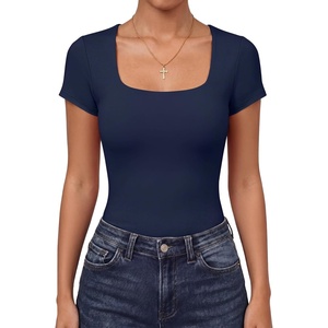 image:imageANRABESS Womens Short Sleeve Double Lined Tops Built in Bra  Square Neck CroppedSlim Fitted Basic Tee Shirts Soft Stretchy Breathable for SummerGoing Out Work Everyday WearNavy Blue