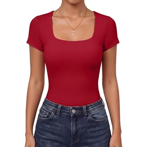 image:imageANRABESS Womens Short Sleeve Double Lined Tops Built in Bra  Square Neck CroppedSlim Fitted Basic Tee Shirts Soft Stretchy Breathable for SummerGoing Out Work Everyday WearRed