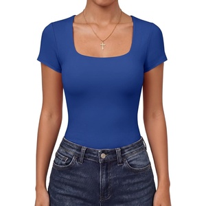 image:imageANRABESS Womens Short Sleeve Double Lined Tops Built in Bra  Square Neck CroppedSlim Fitted Basic Tee Shirts Soft Stretchy Breathable for SummerGoing Out Work Everyday WearRoyal Blue