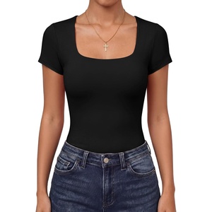 image:imageANRABESS Womens Short Sleeve Double Lined Tops Built in Bra  Square Neck CroppedSlim Fitted Basic Tee Shirts Soft Stretchy Breathable for SummerGoing Out Work Everyday WearBlack