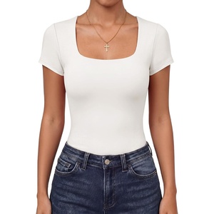 image:imageANRABESS Womens Short Sleeve Double Lined Tops Built in Bra  Square Neck CroppedSlim Fitted Basic Tee Shirts Soft Stretchy Breathable for SummerGoing Out Work Everyday WearWhite