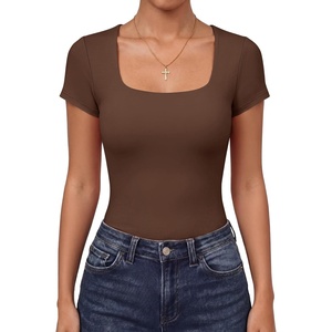 image:imageANRABESS Womens Short Sleeve Double Lined Tops Built in Bra  Square Neck CroppedSlim Fitted Basic Tee Shirts Soft Stretchy Breathable for SummerGoing Out Work Everyday WearBrown