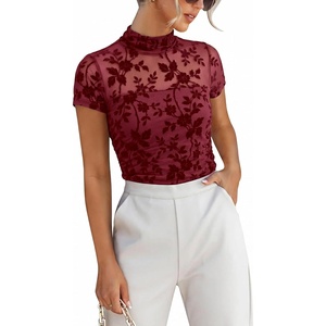 image:imageANRABESS Womens Summer Sexy Mock Turtle Neck Short Sleeve Tops Sheer Mesh Shirts Slim Blouse Trendy Ruched Going Out OutfitsRed Floral