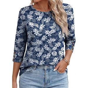 image:imageANRABESS Womens Tops 34 Sleeve Dressy Casual Blouses with Buttons Summer Eyelet Business Shirts Tunics 2026 Spring ClothesDeep Blue White Floral