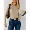 image:imageANRABESS Womens Long Sleeve Shirts Slim Fitted Tops  Stretchy Ribbed Knit Top Crewneck Button Cuffs Office Work Casual Outfits Minimal Elegant Fall Winter Layering ClothesBeige