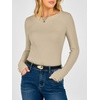 image:imageANRABESS Womens Long Sleeve Shirts Slim Fitted Tops  Stretchy Ribbed Knit Top Crewneck Button Cuffs Office Work Casual Outfits Minimal Elegant Fall Winter Layering ClothesBeige