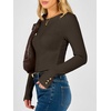 image:imageANRABESS Womens Long Sleeve Shirts Slim Fitted Tops  Stretchy Ribbed Knit Top Crewneck Button Cuffs Office Work Casual Outfits Minimal Elegant Fall Winter Layering ClothesCoffee